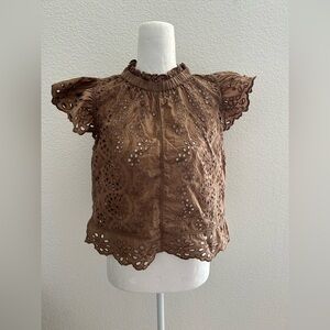 Brown Ruffled Flutter Sleeve Blouse size s 100% cotton